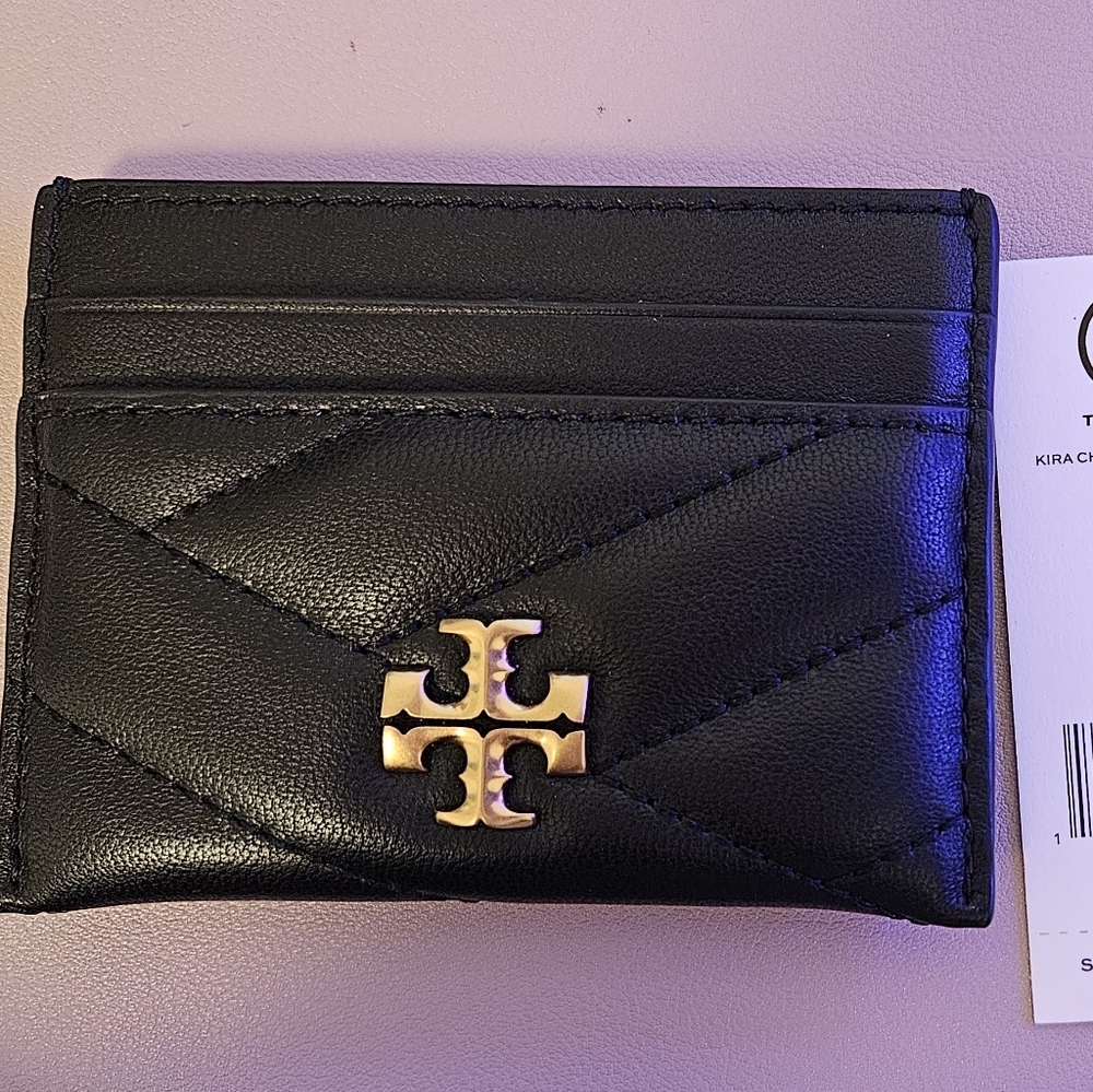 Tory Burch Quilted Black Card Holder with Gold Logo